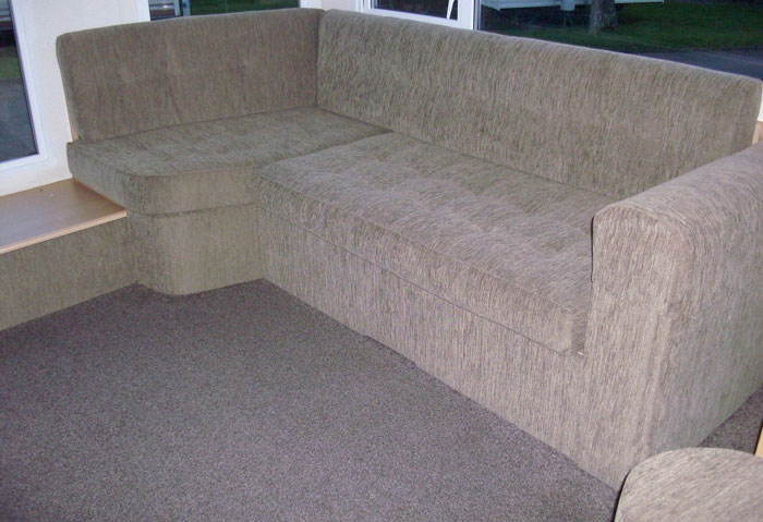 A re-upholstered holiday park lodge lounge seating area