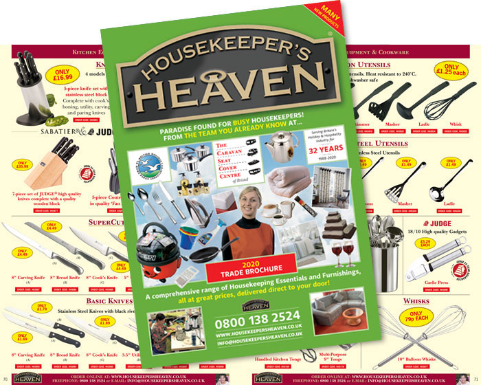 A huge range of holiday park products, sundries and furnishings in our Housekeeper's Heaven brochure