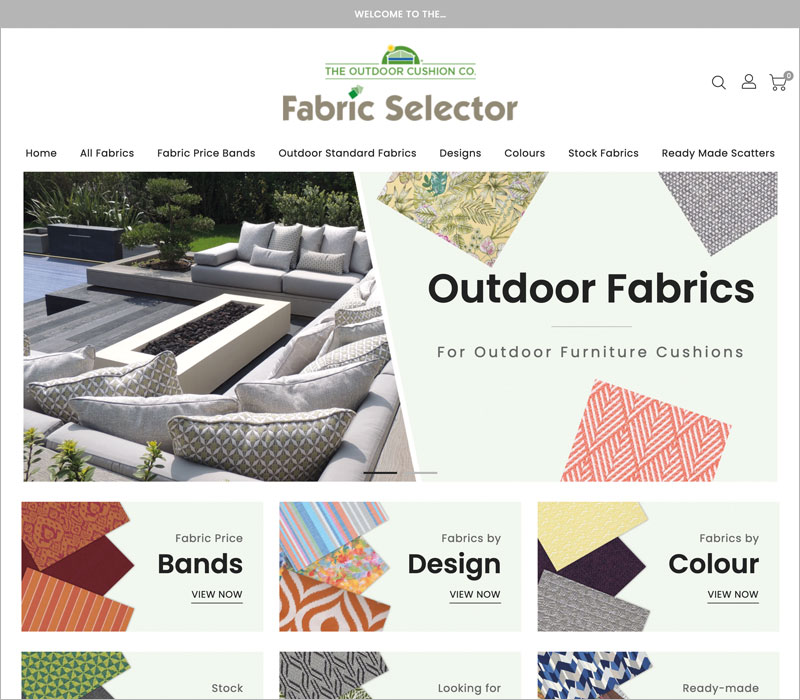 Our Outdoor Cushion Fabric Selector displays our full range of specialist weatherproof and waterproof fabric ranges.